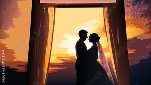 Romantic silhouette of bride and groom embrace during sunset after wedding, creating a stunning moment of love and commitment, memories for a lifetime