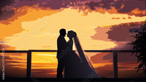 Romantic silhouette of wedding couple embracing at sunset, a promise of forever, love and commitment in a stunning, artistic vector design