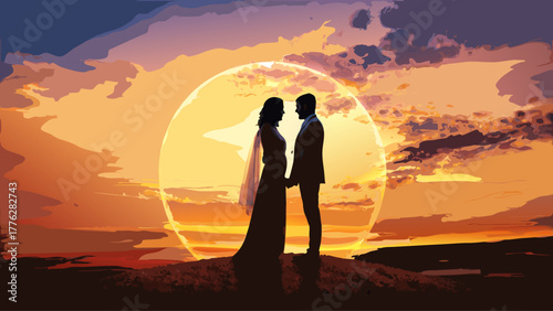Stunning silhouette of a bride and groom embracing during a romantic sunset, perfect for weddings, engagements, and heartfelt celebrations of love