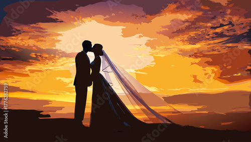 Romantic silhouette of a newly married couple sharing a kiss against a stunning golden sunset, perfect for wedding announcements or inspirational love themes