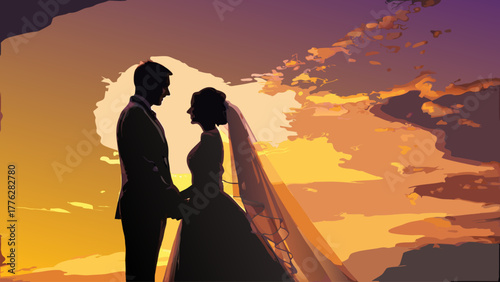 Stunning silhouette of bride and groom holding hands at sunset, celebrating love and commitment, perfect for wedding invitations and romantic themes