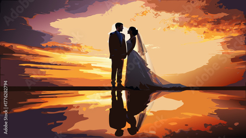 Romantic wedding silhouette at sunset reflecting on water, capturing the essence of love and commitment, ideal for invitations and celebrations