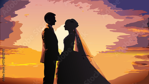 Romantic wedding silhouette art featuring bride and groom at sunset, perfect for invitations, announcements, and heartfelt celebrations of love