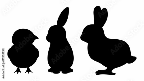 Silhouette of a chick and two bunnies standing side by side in a simple and elegant black and white design