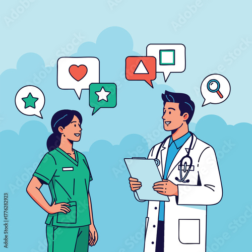 A male doctor in a lab coat and a female nurse in green scrubs having a professional discussion.