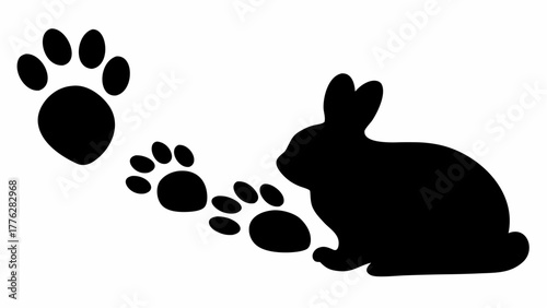 Silhouette of a rabbit with its paw prints leading away from it in a black and white illustration