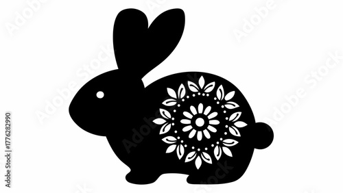 Silhouette of a rabbit with a floral mandala design on its body in black and white illustration style