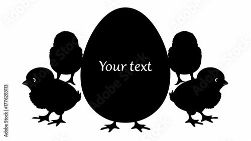Black silhouette of an egg with text inside surrounded by four chicks in a symmetrical arrangement design