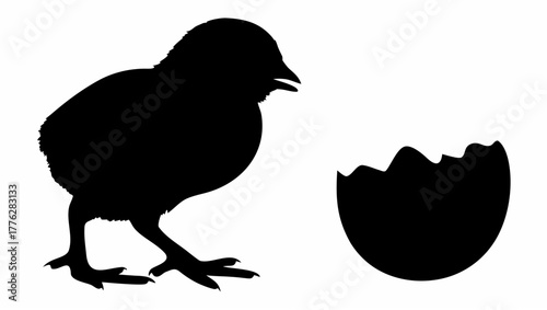 Silhouette of a chick standing next to a cracked eggshell on a white background in a simple style
