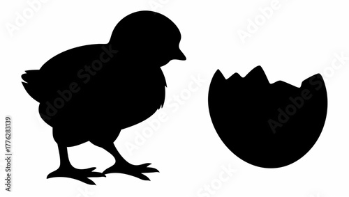 Silhouette of a chick standing next to a cracked eggshell on a white background simple illustration