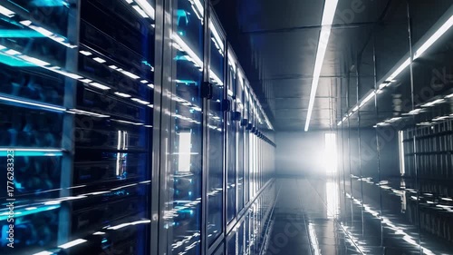 Cinematic flythrough a futuristic data center glowing with blue server lights & mirrored reflections. Use for technology ads, cybersecurity promos, AI infrastructure & corporate innovation videos.
