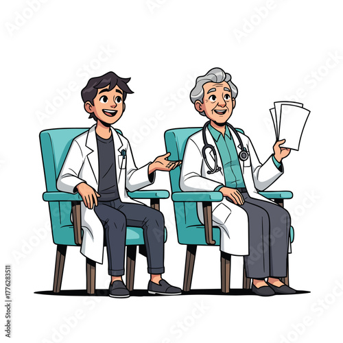 A young doctor and a senior physician in white lab coats sitting together smiling and having a friendly discussion.