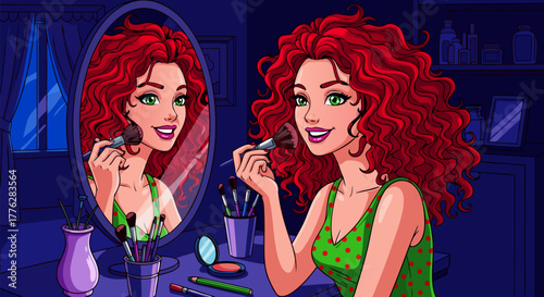 Woman Applying Makeup in Front of Mirror