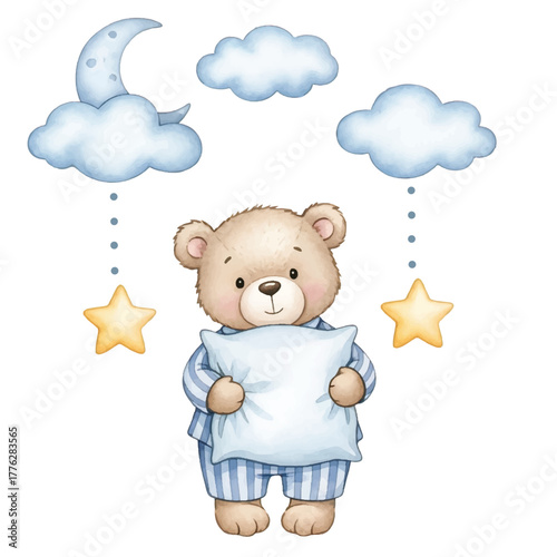 Cute Teddy Bear in Pajamas with Pillow, Moon and Stars Illustration