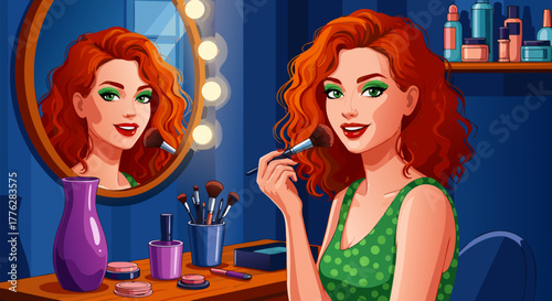 Joyful red-haired woman applying makeup with a brush at her vanity mirror, preparing for a special occasion or daily beauty routine in a vibrant setting