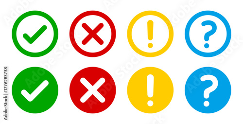 Right, wrong, tick, cross, checkmark, exclamation, question mark icons set in colorful outline and solid vector illustration.
