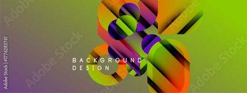 Abstract colorful background. Geometric shapes overlap creating dynamic visual effect. Gradient transitions present vibrant composition.