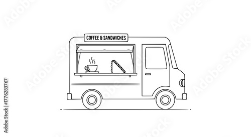 Vector of food truck serving coffee and sandwiches, front view, linear style