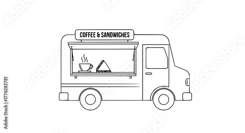 Vector of food truck serving coffee and sandwiches, front view, linear style