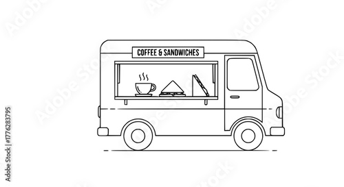 Vector of food truck serving coffee and sandwiches, front view, linear style