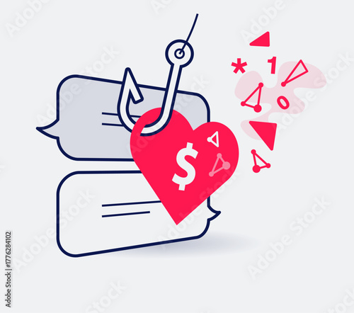 Romance scam symbol with communication speech bubbles, a heart and fishing hook. Easy to use for your website or presentation.