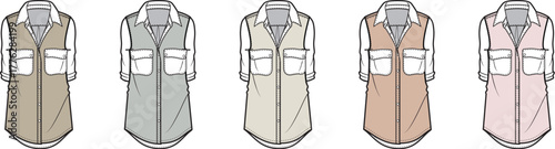 Fashion flat sketch of women's layered tunic shirts. Sleeveless top over long-sleeved undershirt, diverse colors for apparel design concepts