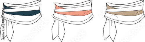 Collection of three minimalist illustrated fashion sash designs, showcasing various colored waistbands and decorative fabric details perfect for garment accessorizing and styling projects