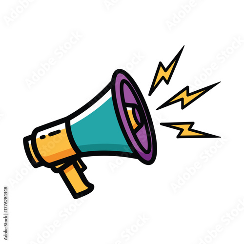 Colorful cartoon megaphone with a teal cone purple rim and yellow handle emitting loud lightning bolt sound waves.