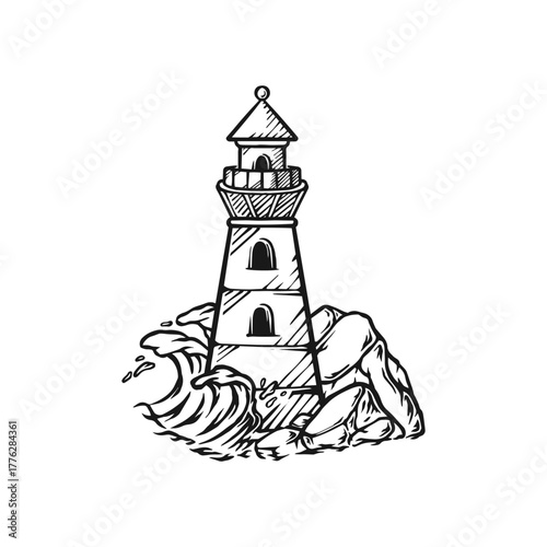Lighthouse illustration line art hand drawn