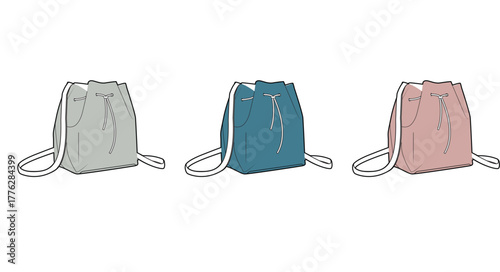 Set of three elegant drawstring bucket bags in different colors, depicted in a clean, minimalist vector illustration style for fashion and accessory designs