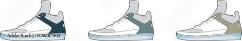 Collection of three high-top athletic footwear designs in white with contrasting accents