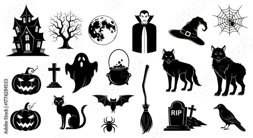 Halloween Cemetery Silhouette Icons Haunted House, Vampire, Witch Hat, Spiderweb, Ghost, Pumpkin, Bat, Cat, Broom, Raven, Tombstone, and Wolf