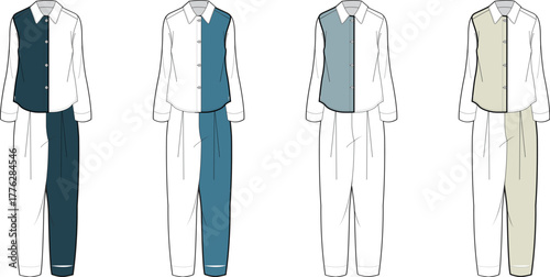 Set of fashion design technical flat sketches showing a two-piece color-block pajama or loungewear outfit for apparel creation