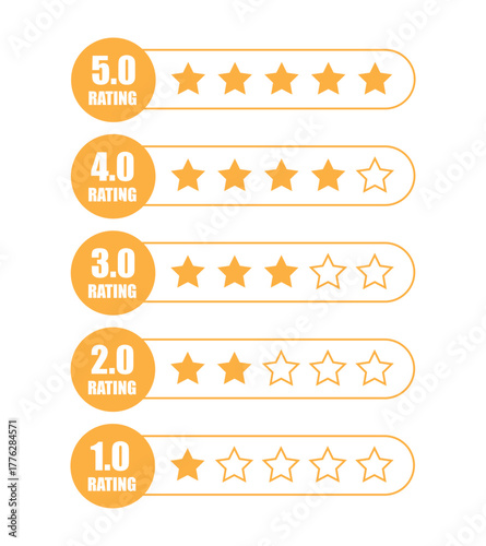 Product rating, customer review with gold stars set icon vector. customer feedback from excellent five stars down to one star symbol. vector illustration.