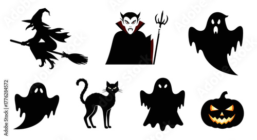 Halloween Silhouette Icons Witch, Devil, Ghost, Black Cat, and Jack-o'-lantern for Spooky Celebrations