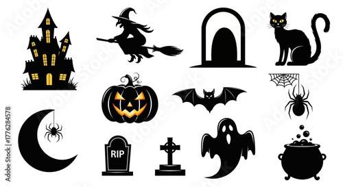 Set of Halloween Icons for Spooky Celebrations Ghosts, Bats, Pumpkins, Witch, and Spiders