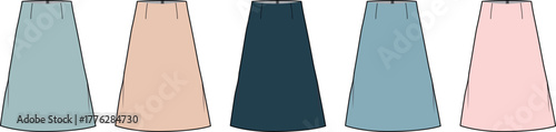 Five different color skirts hanging in a row, presented in a clean, minimalist illustration