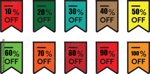 Set of colorful percentage sale banners with discount tags in various shades for promotional marketing e-commerce business retail price reduction and clearance design use