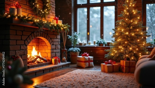 Modern living room with a large Christmas tree, candles, and garlands. A stylish atmosphere of comfort and holiday spirit.