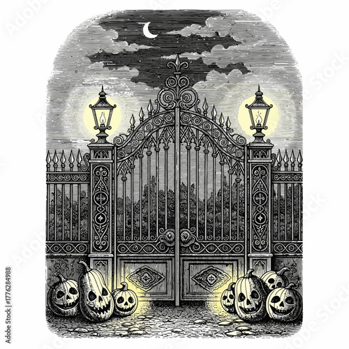 A Spooky Halloween Scene with Ornate Gates, Jack-o'-Lanterns, and a Full Moon
