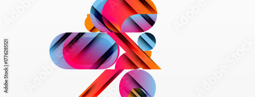 Abstract shapes overlap, creating vibrant color gradients. Composition feels dynamic, modern, visually engaging. White background emphasizes forms.