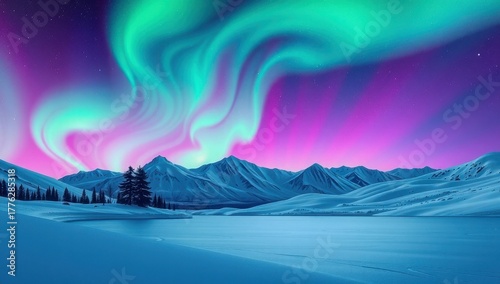 Stunning aurora borealis illuminating snow-covered mountains and winter landscape, colorful night sky with green and purple lights, magical winter scenery.