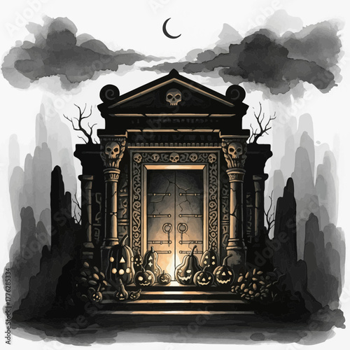 Spooky Halloween mausoleum with carved pumpkins and moonlit sky