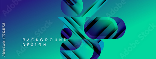 Abstract geometric shapes overlap, creating dynamic visual effect. Gradient background transitions from blue to green. Text reads background design.