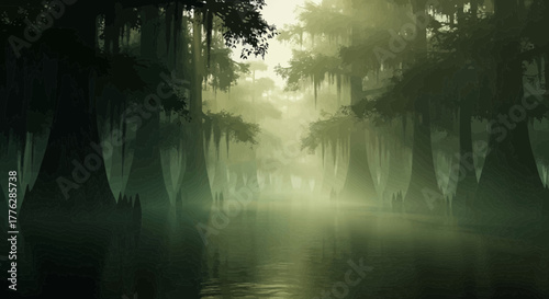 Misty cypress swamp with Spanish moss, ancient trees, and reflective water under a hazy sky, creating an ethereal and mystical atmosphere