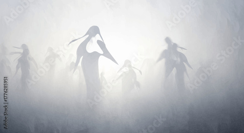 A group of ethereal figures emerge from a dense, otherworldly fog, creating an eerie and mysterious atmosphere