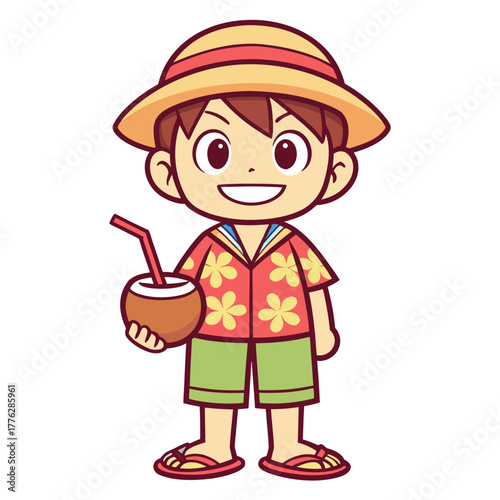 Joyful cartoon boy in a straw hat and floral shirt, holding a refreshing coconut drink, embodying tropical summer fun and carefree vacation vibes for cheerful designs