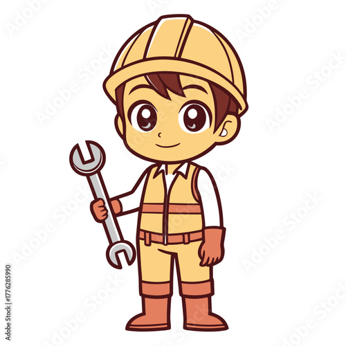 Cartoon Construction Worker Holding a Wrench, Skilled Laborer in Protective Gear
