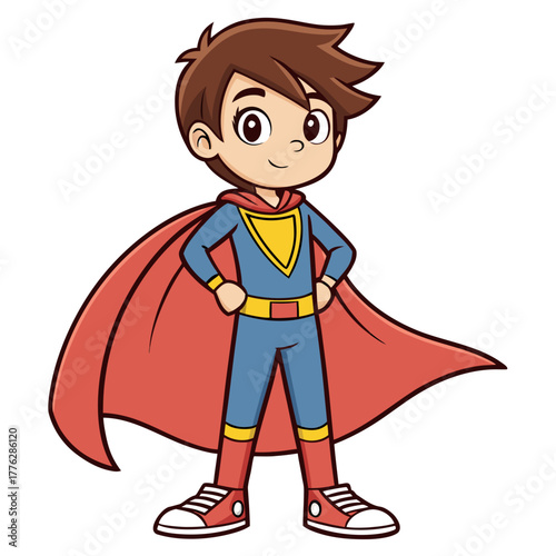 Cute super kid character standing in a heroic pose with a flowing red cape on a white background