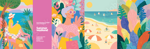 Summer Weekend Beach, Leisure & Tropics. Vibrant vector illustrations capturing the essence of a summer weekend with a girl relaxing, a stylish shopper, a beach, and tropical leaves and flowers.